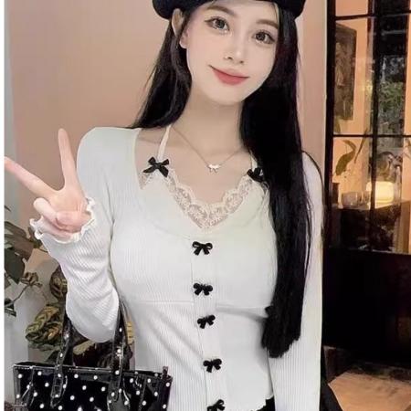 FA40558# 蕾丝挂脖针织打底衫女秋季甜辣妹蝴蝶结短款上衣 服裝批發女裝批發服飾貨源