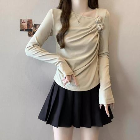 FA40559# 春秋女装长袖T恤斜领花装饰设计时尚气质优雅百搭 服裝批發女裝批發服飾貨源
