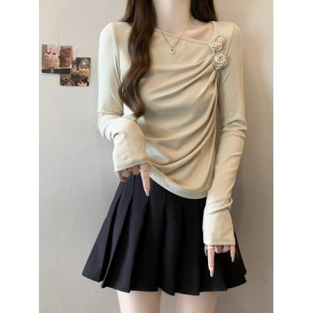 FA40559# 春秋女装长袖T恤斜领花装饰设计时尚气质优雅百搭 服裝批發女裝批發服飾貨源