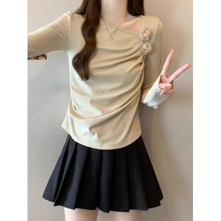 FA40559# 春秋女装长袖T恤斜领花装饰设计时尚气质优雅百搭 服裝批發女裝批發服飾貨源
