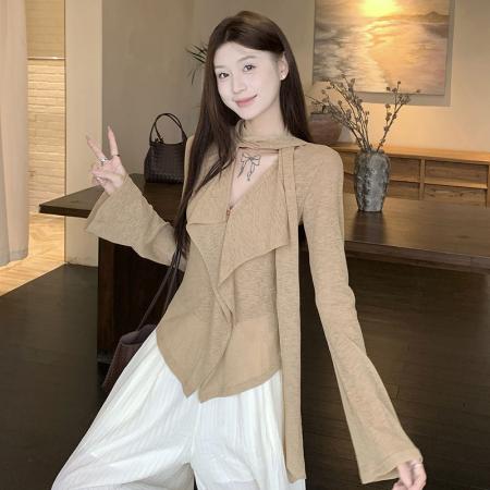 FA40560# 韩系飘带V领长袖T恤女秋季荷叶边设计感修身显瘦上衣 服裝批發女裝批發服飾貨源