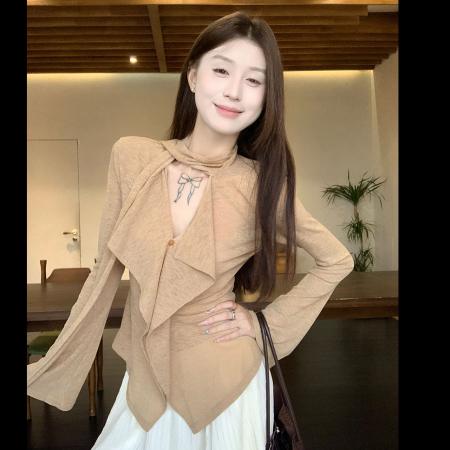 FA40560# 韩系飘带V领长袖T恤女秋季荷叶边设计感修身显瘦上衣 服裝批發女裝批發服飾貨源