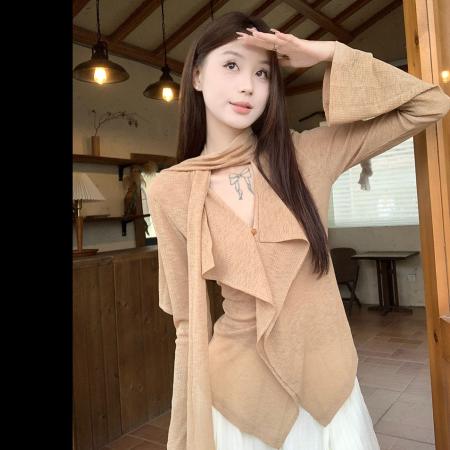 FA40560# 韩系飘带V领长袖T恤女秋季荷叶边设计感修身显瘦上衣 服裝批發女裝批發服飾貨源