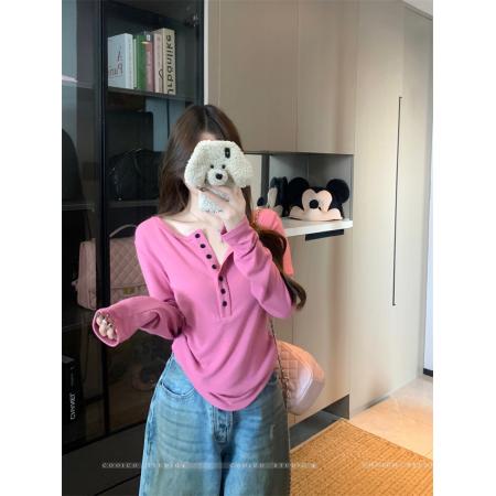 FA40562# 人棉设计感纯色纽扣半开领长袖T恤女装秋季宽松百搭休闲上衣 服裝批發女裝批發服飾貨源