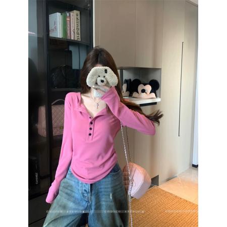 FA40562# 人棉设计感纯色纽扣半开领长袖T恤女装秋季宽松百搭休闲上衣 服裝批發女裝批發服飾貨源