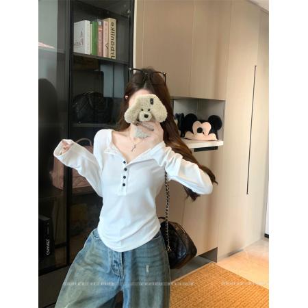 FA40562# 人棉设计感纯色纽扣半开领长袖T恤女装秋季宽松百搭休闲上衣 服裝批發女裝批發服飾貨源