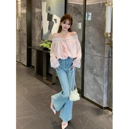 FA40564# 法式纯欲风一字肩衬衣少女感灯笼袖上衣 服裝批發女裝批發服飾貨源