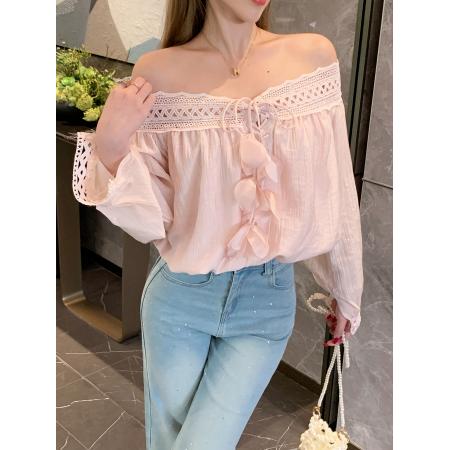 FA40564# 法式纯欲风一字肩衬衣少女感灯笼袖上衣 服裝批發女裝批發服飾貨源