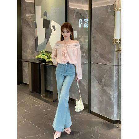 FA40564# 法式纯欲风一字肩衬衣少女感灯笼袖上衣 服裝批發女裝批發服飾貨源