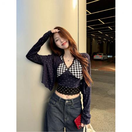 FA40565# 设计感蕾丝拼接连衣裙甜酷辣妹套装女春季短款碎花开衫外套两件套 服裝批發女裝批發服飾貨源