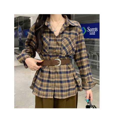 FA40569# 早秋季高级感韩版复古格子衬衫女别致chic法式宽松慵懒风长袖衬衣 服裝批發女裝批發服飾貨源