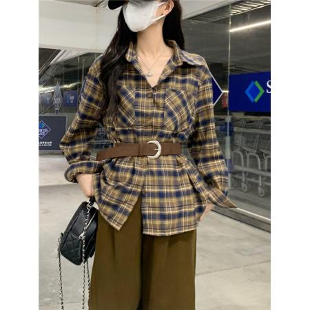 FA40569# 早秋季高级感韩版复古格子衬衫女别致chic法式宽松慵懒风长袖衬衣 服裝批發女裝批發服飾貨源