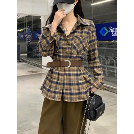 FA40569# 早秋季高级感韩版复古格子衬衫女别致chic法式宽松慵懒风长袖衬衣 服裝批發女裝批發服飾貨源