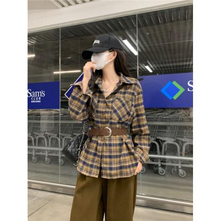 FA40569# 早秋季高级感韩版复古格子衬衫女别致chic法式宽松慵懒风长袖衬衣 服裝批發女裝批發服飾貨源