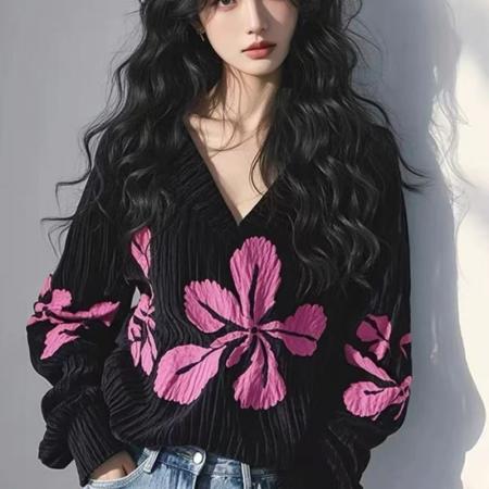 YF5872# 图片色时尚个性花朵印花蝙蝠袖V领宽松大码秋冬时尚针织上衣 服裝批發女裝批發服飾貨源