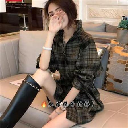 YF5870# 图片色慵懒风复古格子衫  磨毛长袖翻领束腰加厚中长款上衣 服裝批發女裝批發服飾貨源