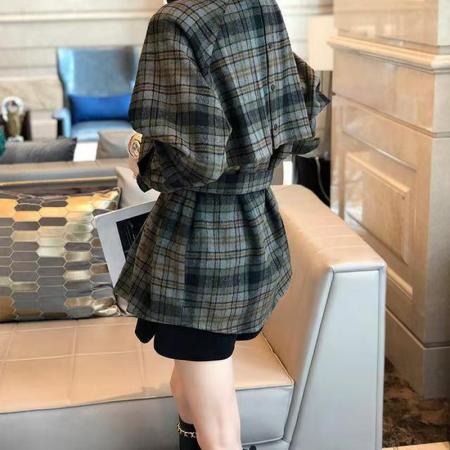 YF5870# 图片色慵懒风复古格子衫  磨毛长袖翻领束腰加厚中长款上衣 服裝批發女裝批發服飾貨源