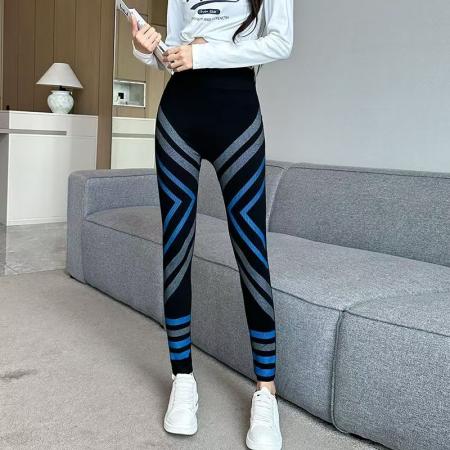 YF5868# 秋冬莫代尔弹力收腹提臀彩色条纹印花运动瑜珈打底裤 服裝批發女裝批發服飾貨源