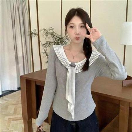 YF5864# 假两件条纹飘带系蝴蝶结拼接长袖套头弹力修身上衣 服裝批發女裝批發服飾貨源