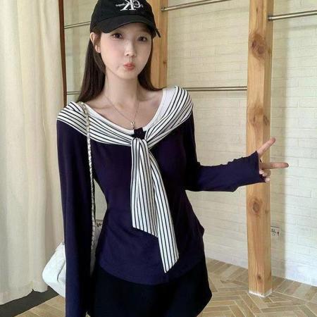 YF5864# 假两件条纹飘带系蝴蝶结拼接长袖套头弹力修身上衣 服裝批發女裝批發服飾貨源