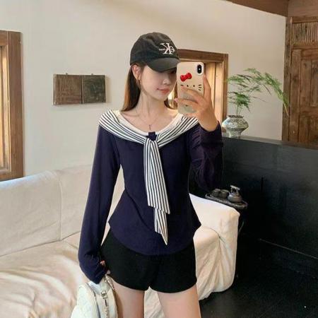 YF5864# 假两件条纹飘带系蝴蝶结拼接长袖套头弹力修身上衣 服裝批發女裝批發服飾貨源