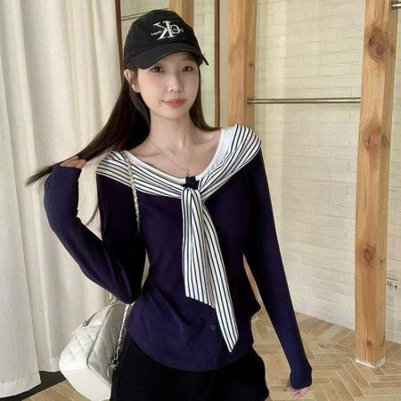 YF5864# 假两件条纹飘带系蝴蝶结拼接长袖套头弹力修身上衣 服裝批發女裝批發服飾貨源