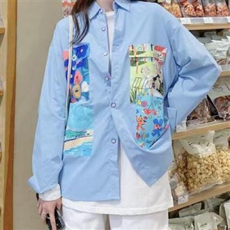 YF5882# 水彩油画印花春秋百搭胖MM显瘦大码长袖翻领休闲上衣 服裝批發女裝批發服飾貨源