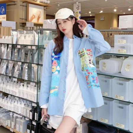 YF5882# 水彩油画印花春秋百搭胖MM显瘦大码长袖翻领休闲上衣 服裝批發女裝批發服飾貨源