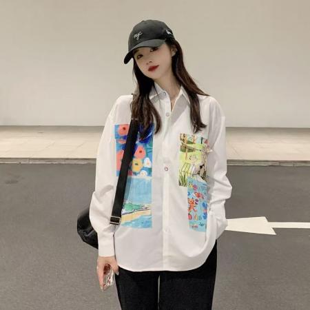 YF5882# 水彩油画印花春秋百搭胖MM显瘦大码长袖翻领休闲上衣 服裝批發女裝批發服飾貨源