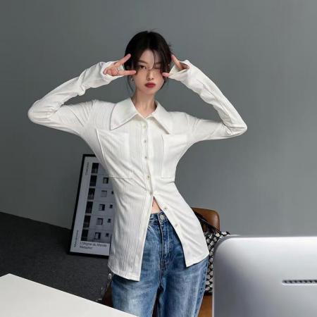 YF5878# 图片色春秋时尚长袖POLO领排扣双口袋设计中长款修腰上衣 服裝批發女裝批發服飾貨源