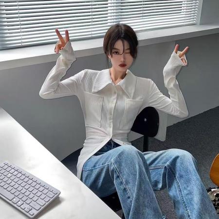 YF5878# 图片色春秋时尚长袖POLO领排扣双口袋设计中长款修腰上衣 服裝批發女裝批發服飾貨源
