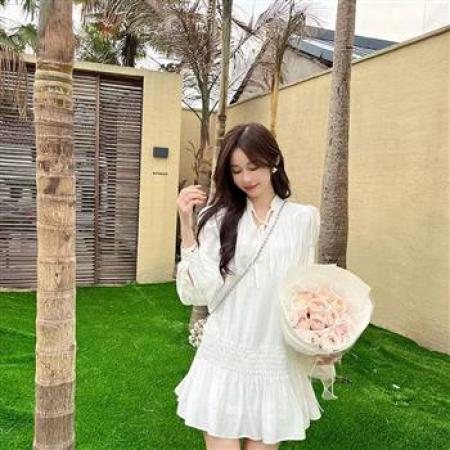 YF5877# 图片色白色小仙女气质泡泡袖系绳立领压褶小众设计宽松显瘦连衣裙 服裝批發女裝批發服飾貨源