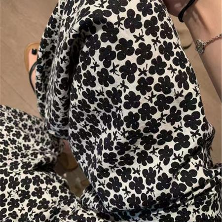 YF5874# 图片色2025韩版松紧腰直筒坠地感碎花阔腿休闲复古气质长裤 服裝批發女裝批發服飾貨源