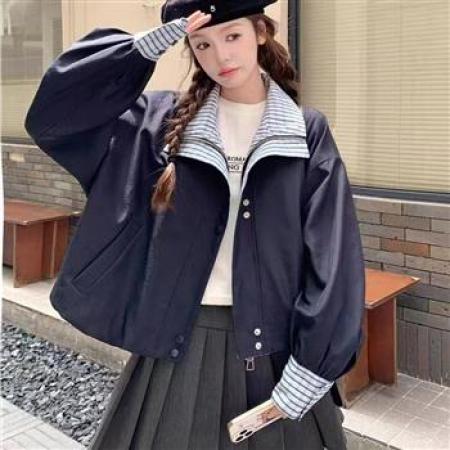 YF5890# 图片色冬季新款假两件叠领条纹设计拉链系扣宽松短款夹克外套 服裝批發女裝批發服飾貨源