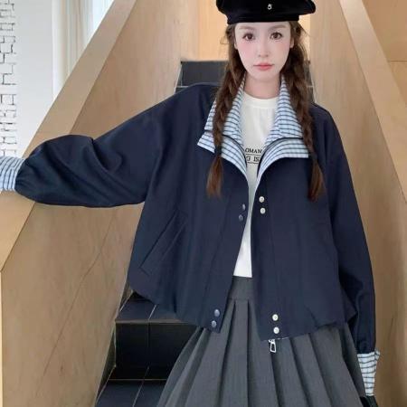 YF5890# 图片色冬季新款假两件叠领条纹设计拉链系扣宽松短款夹克外套 服裝批發女裝批發服飾貨源