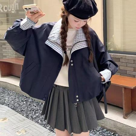 YF5890# 图片色冬季新款假两件叠领条纹设计拉链系扣宽松短款夹克外套 服裝批發女裝批發服飾貨源