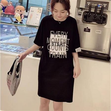 YF5889# 慵懒风落肩短袖圆领字母印花宽松藏肉显瘦休闲T恤裙 服裝批發女裝批發服飾貨源