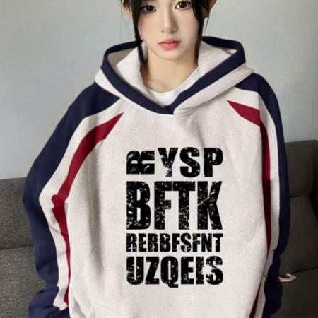 YF5888# 图片色原宿风长袖连肩带帽撞色字母印花大口袋宽松卫衣潮外套 服裝批發女裝批發服飾貨源