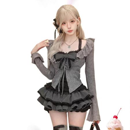 YF5902# 图片色精品收腹高腰A字褶折二色拼接排扣条纹蕾丝边设计短裙 服裝批發女裝批發服飾貨源