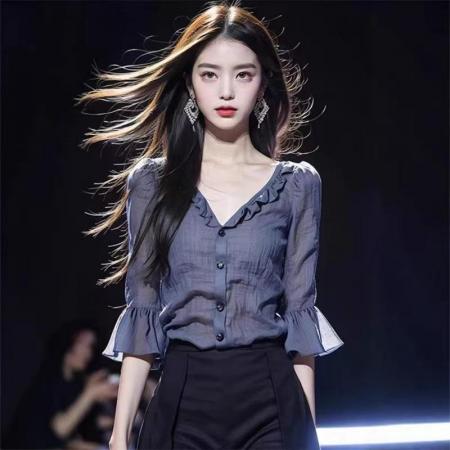 YF5901# 图片色甜美口别致微喇叭荷叶边V领系扣绉折感修身显瘦上衣 服裝批發女裝批發服飾貨源