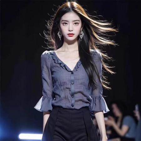 YF5901# 图片色甜美口别致微喇叭荷叶边V领系扣绉折感修身显瘦上衣 服裝批發女裝批發服飾貨源