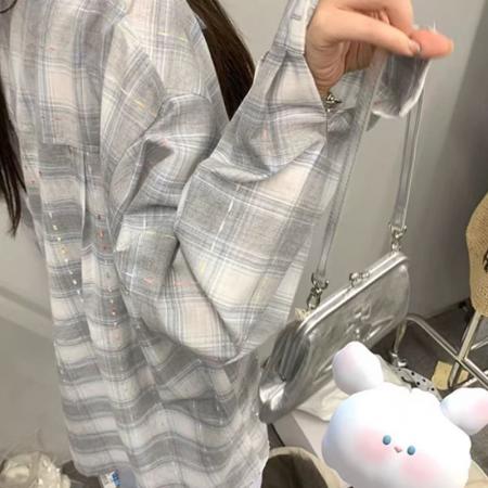 YF5900# 图片色港式慵懒风长袖翻领格子衬衣 宽松大码学院风上衣 服裝批發女裝批發服飾貨源