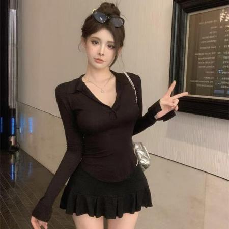 YF5898# 性感时尚两件套秋冬长袖POLO领修身上衣十荷叶边A字短裙 服裝批發女裝批發服飾貨源