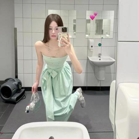 YF5893# 图片色一字肩抹胸弹力修腰系蝴蝶结过膝中长款拼接衣裙 服裝批發女裝批發服飾貨源