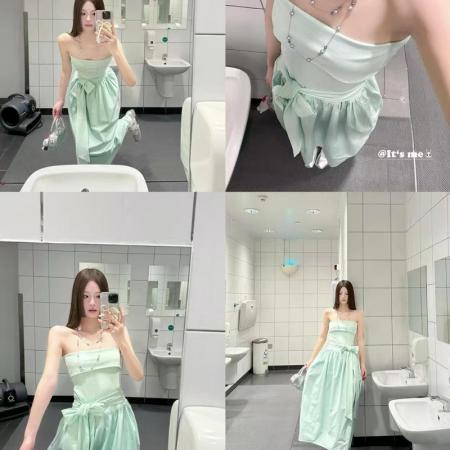 YF5893# 图片色一字肩抹胸弹力修腰系蝴蝶结过膝中长款拼接衣裙 服裝批發女裝批發服飾貨源