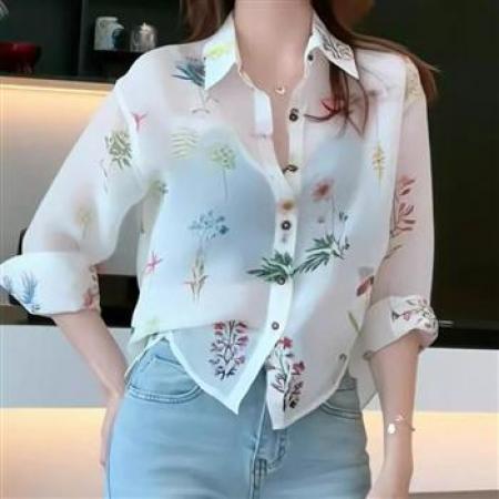 YF5912# 图片色韩版长袖翻领碎花系扣宽松大码小清新气质雪纺上衣 服裝批發女裝批發服飾貨源