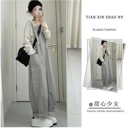 YF5909# 图片色时尚吊带系扣口袋直筒休闲慵懒风小清新背带连体裤 服裝批發女裝批發服飾貨源