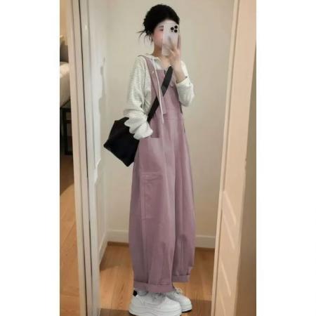 YF5909# 图片色时尚吊带系扣口袋直筒休闲慵懒风小清新背带连体裤 服裝批發女裝批發服飾貨源