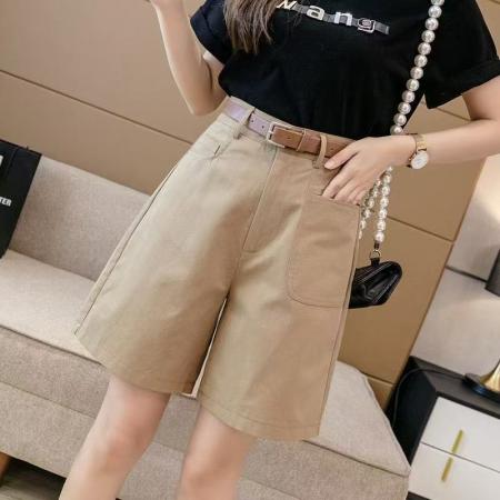 YF5908# 纯棉好质品系扣高腰A字插口袋阔腿休闲西裤  夏季五分裤 服裝批發女裝批發服飾貨源