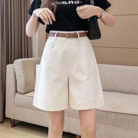 YF5908# 纯棉好质品系扣高腰A字插口袋阔腿休闲西裤  夏季五分裤 服裝批發女裝批發服飾貨源